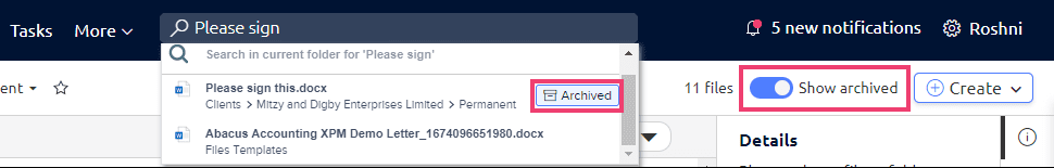 The show archived toggle being turned on means an archived file appears in the search result.