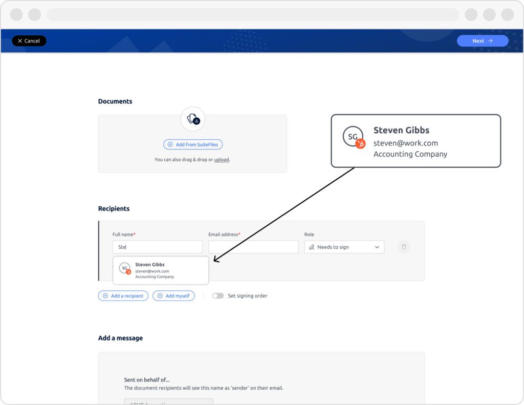Sync HubSpot contacts with SuiteFiles - example shown is document signing